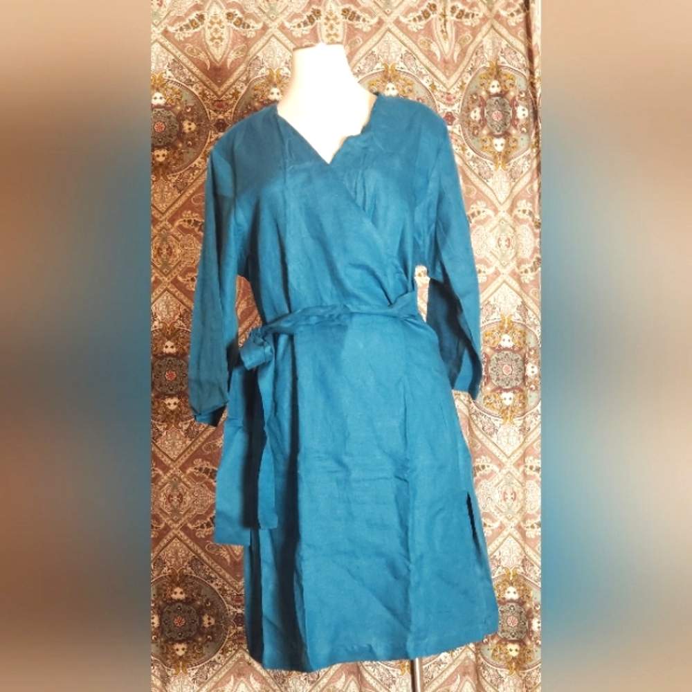 NWT Linen Wrap Dress, Deep Teal Blue (3X)